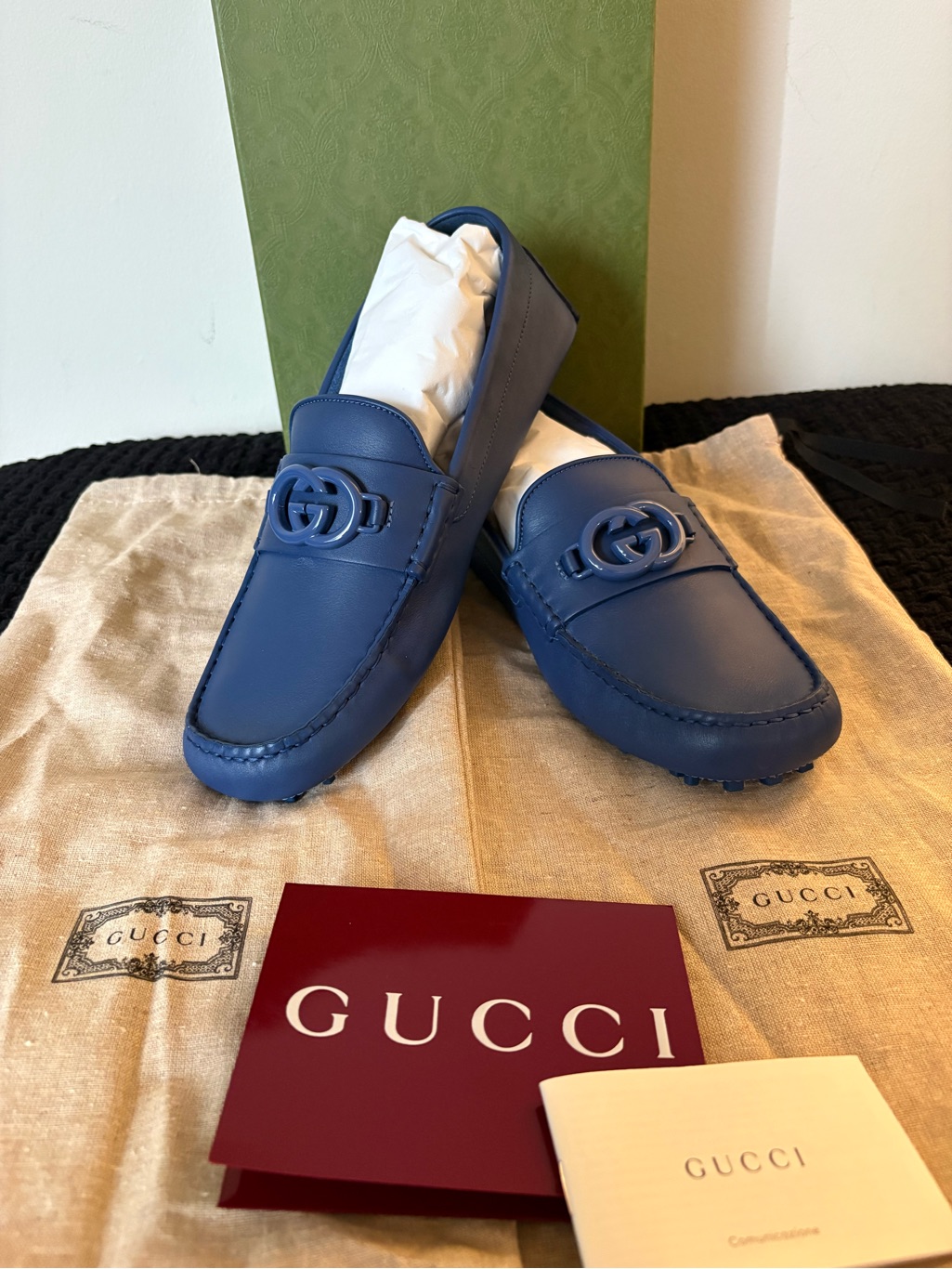 Gucci Men's Navy Blue Leather Interlocking G Driving Loafers